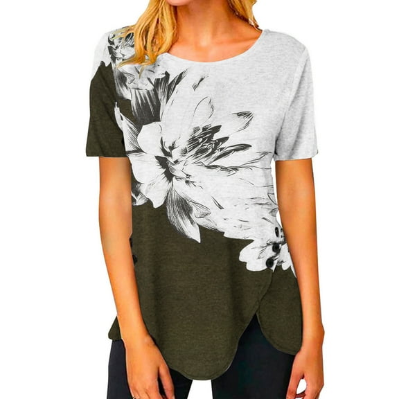 Dianli Womens Tops Dressy Casual Casual Button Irregular Slit Comfy Breathable Tunic Tops Short Sleeve Crewneck Shirts Flowers Print Summer Blouse Army Green XXL