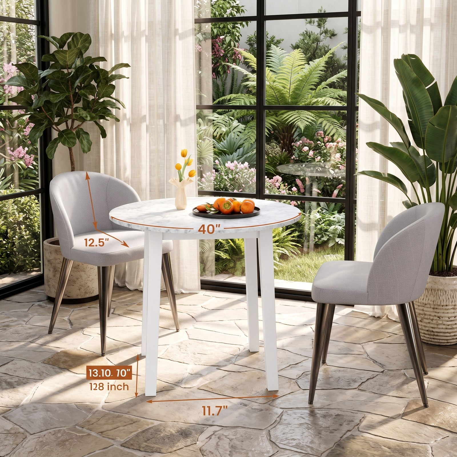 Furnibear 35 Inch Round Dining Table, Marble-Textured Veneer Kitchen Table with Rubber Wood Legs for 2-4 People, Small Space Bistro Dinner Table for Kitchen, White
