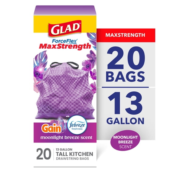 Glad ForceFlex MaxStrength 13-Gallon Purple Drawstring Tall Kitchen Bags, Gain Moonlight Breeze Scent, 20 Bags