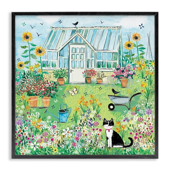 Garden Greenhouse & Cat Black Framed Giclee Art, 12 x 12, Made In USA