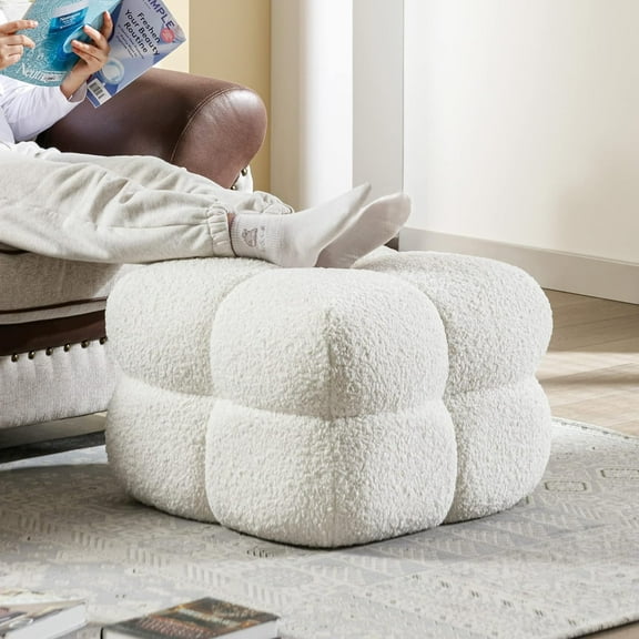 Square Pouf Ottoman, Boucle Tufted Ottoman Coffee Table for Living Room, Upholstered Foot Rest Pouf for Bedroom, Entryway, White
