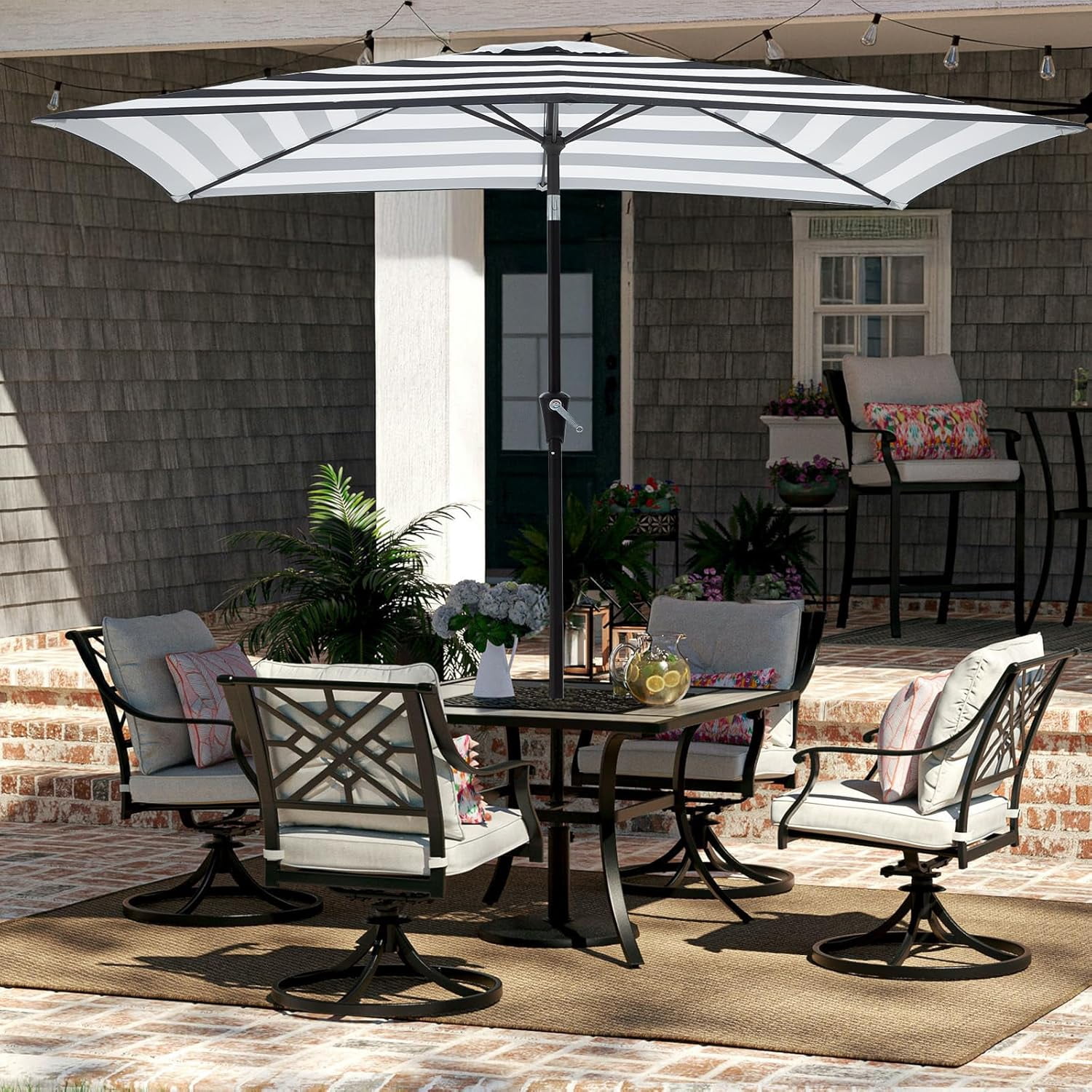 6.5x10 ft Rectangular Patio Umbrellas Outdoor Umbrella with Push Button Tilt and Crank, Market Table Umbrella 6 Sturdy Ribs UV Protection for Poolside Garden Backyard Deck, Black-White Stripe