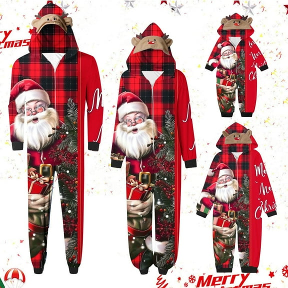 Odeerbi Christmas Onesie Pajamas for Family Holiday Sleep Jumpsuit Long Sleeve Family Christmas Pajamas Matching Sets Dad Printed Loungewear Jumpsuit Sleepwear Xmas PJs Set Red