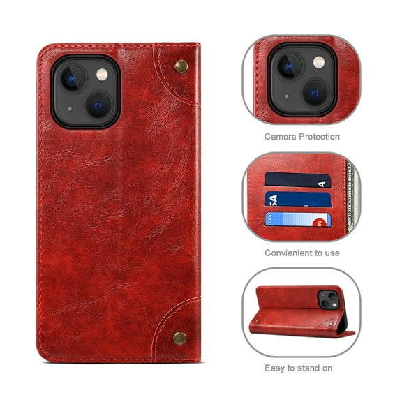 Nalacover Vintage Wallet Case for iPhone 14, Magnetic Closure Flip Folio Cover with Card Slots Kickstand, Classic PU Leather TPU Shockproof Anti-Scratches Case for iPhone 14,Red