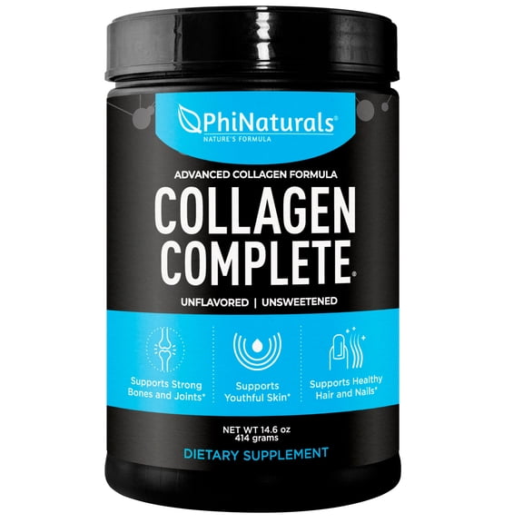 Phi Naturals Collagen Complete Powder Supplement with Hydrolyzed Collagen Types 1, 2, & 3, Unflavored, 14.6 oz