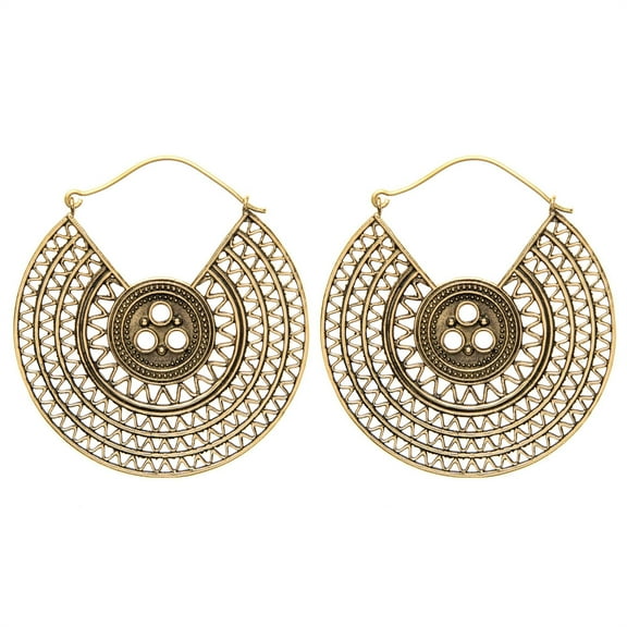 81stgeneration Women's Brass Gold Tone Creole Circle Wave Dotwork Tribal Ethnic Dangle Earrings
