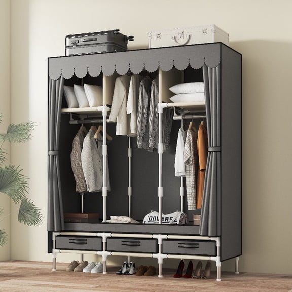 ArluKin Portable Closet Storage Organizer Clothes Wardrobe Shoe Clothing Rack Shelf Dustproof Non-woven Fabric, Quick and Easy to Assemble, Gray