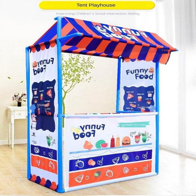 tienda de helados perfecl azul para niños 80x60x135cm carpa infantil tipo puesto de helados con estructura de tubos plásticos y tejido poliéster, toldo a rayas naranja y azul y paneles impresos con gráficos de comida y menú; plegable y portátil, vista 3/4 frontal en ambiente interior, a menudo usada para juego imaginario y ventas de juguete entre niños.