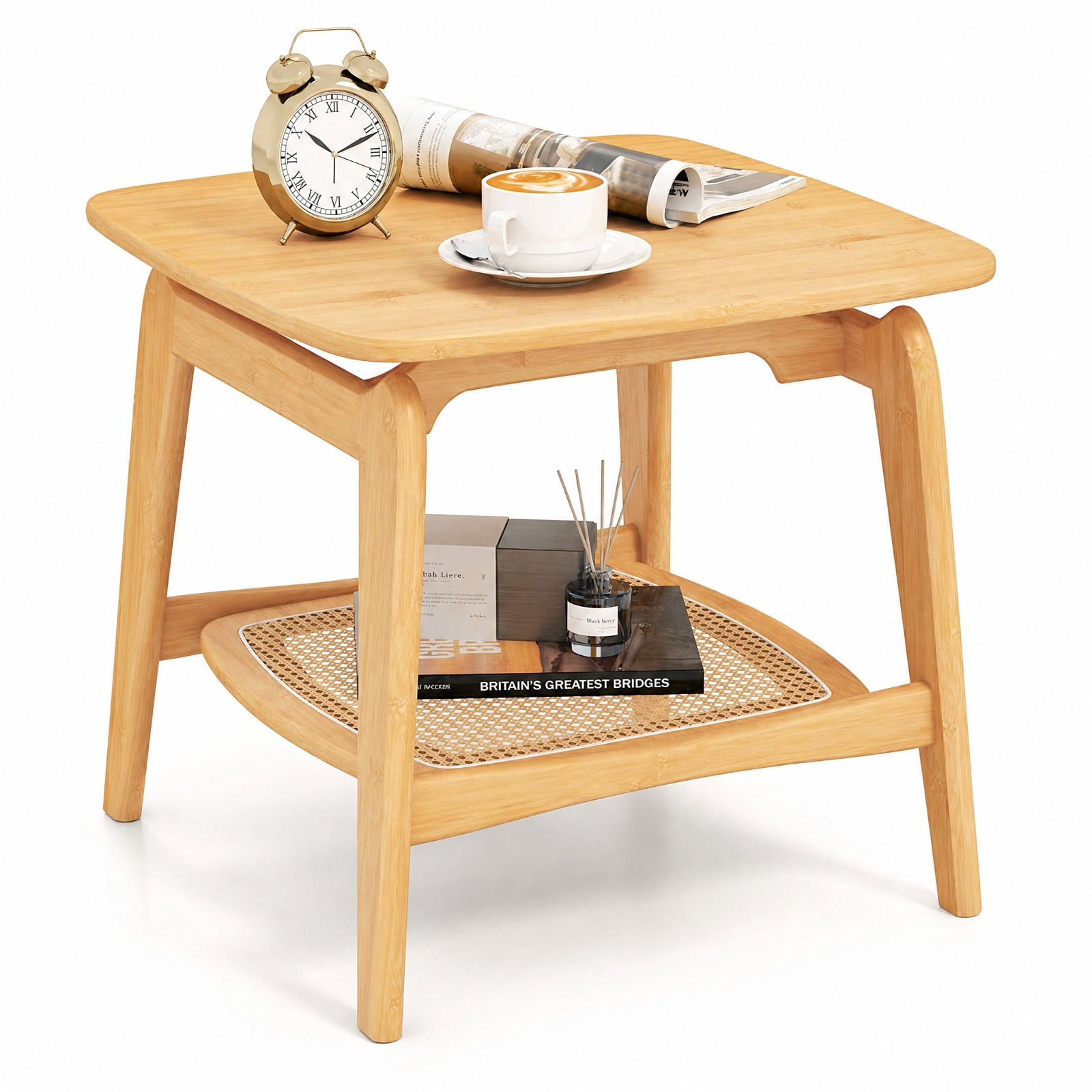 Furnibear Boho Bamboo Sofa Side Table with Faux Rattan Storage Shelf and Curved Frame for Living Room Bedroom and Study, Natural