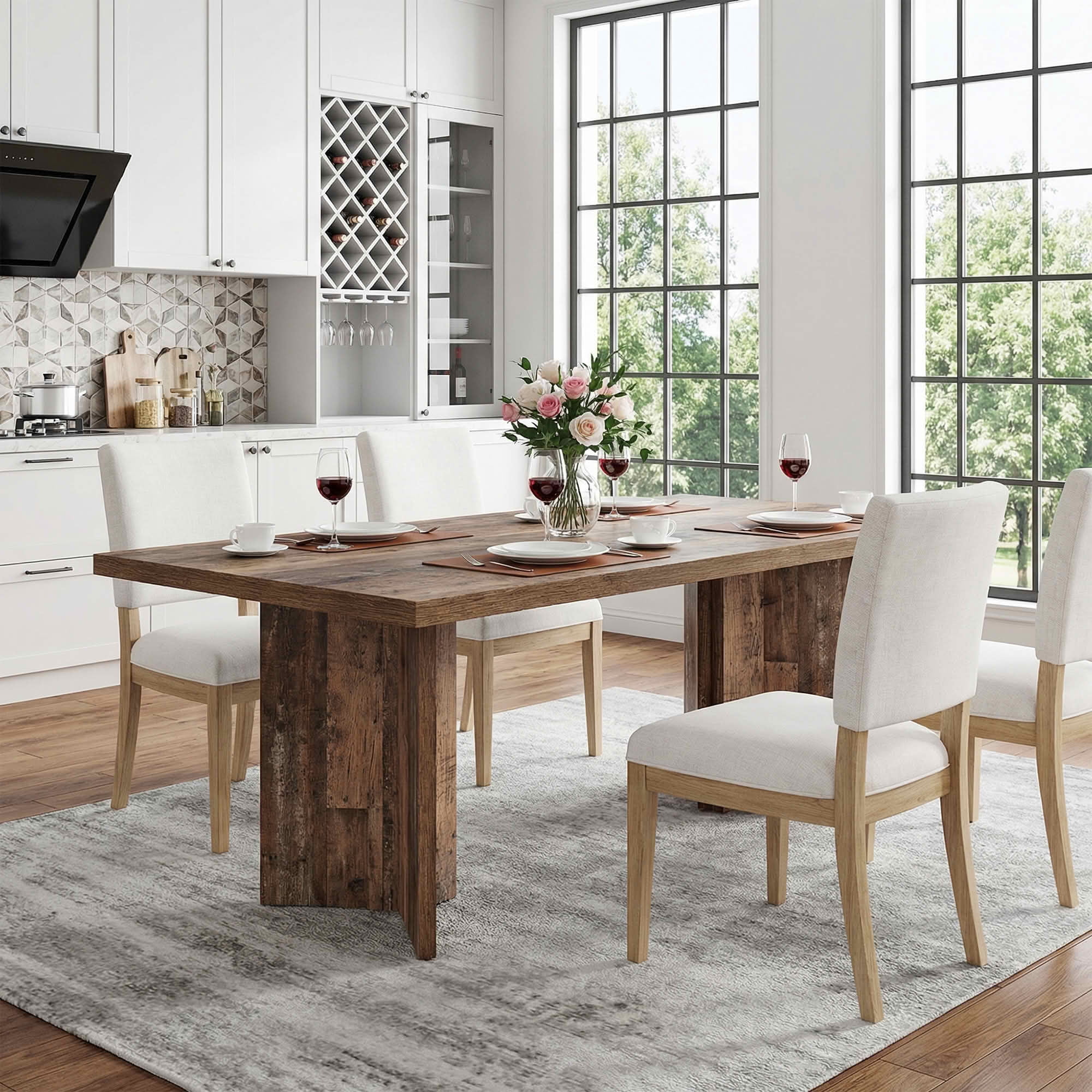 MAYEERTY 63 Inch Rectangular Farmhouse Dining Table, Vintage Walnut Wood Kitchen Dinner Table for 4 to 6 People, 300 LBS Heavy Duty E1 Chipboard Work Desk