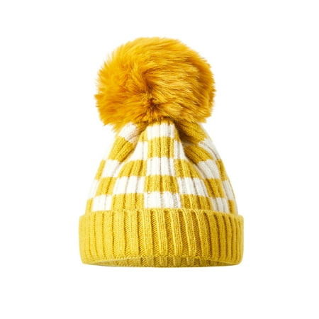 

Toddlers Knitted Hat Little Boys Girls Checkerboard Plaid Plush Ball Pompom Beanie Hat Snow Ski Cap