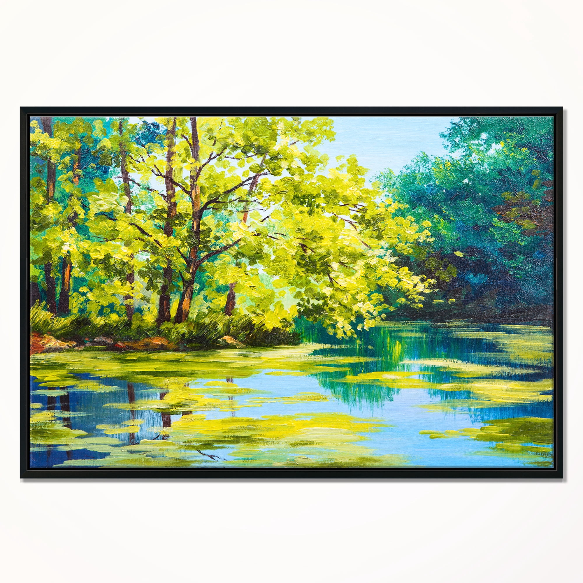 Designart ' Blue Lake Under Green Tree ' Landscape Painting Framed Canvas Print
