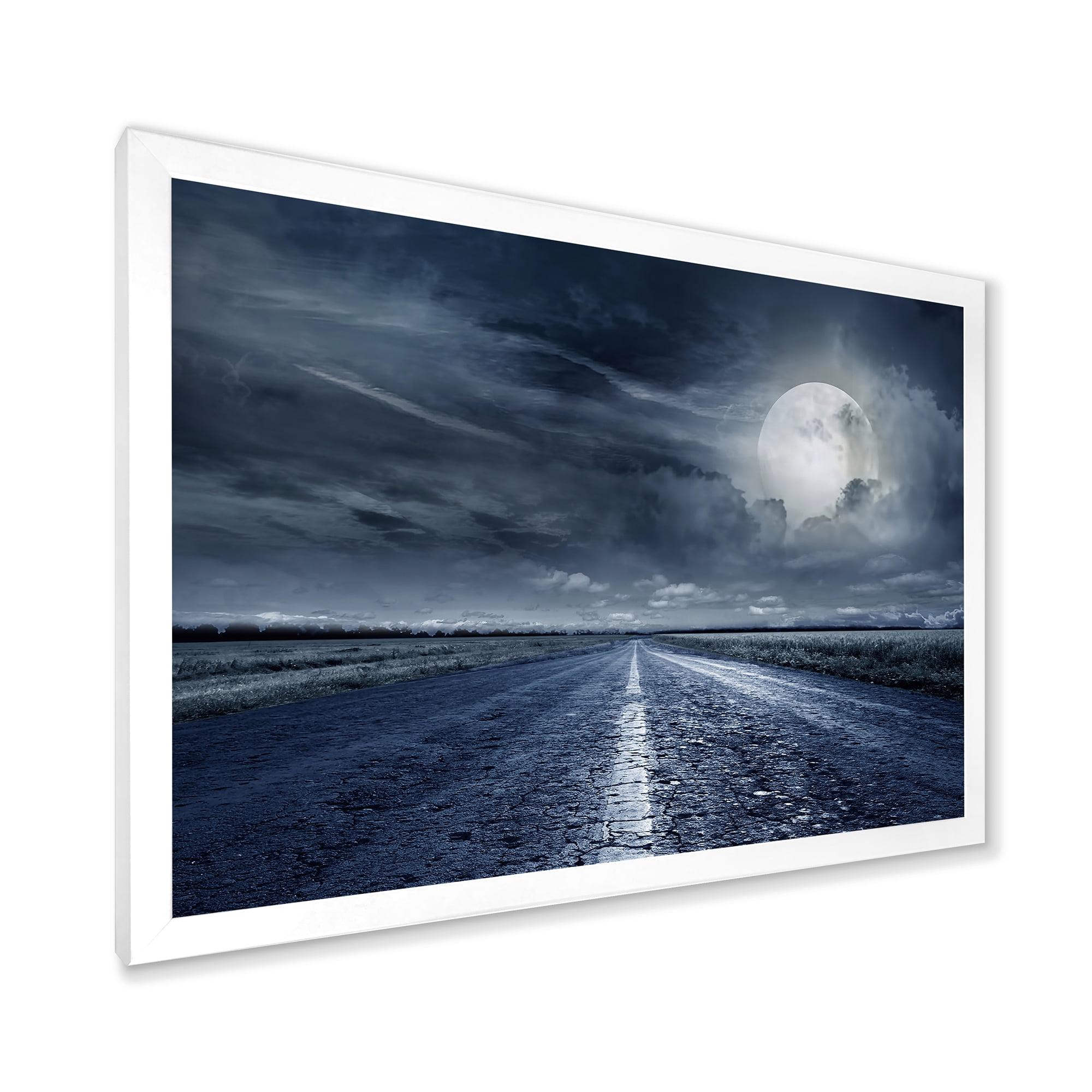Designart 'Cloudy Full Moon Over Asphalt Road II' Nautical & Coastal Framed Art Print