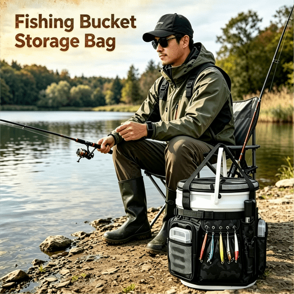 Oaskys Portable Multifunctional Round Fishing Bucket Storage Bag with Multi-pocket & Mesh Bucket Cover, Essential Fishing Gear for Fishing Enthusiasts