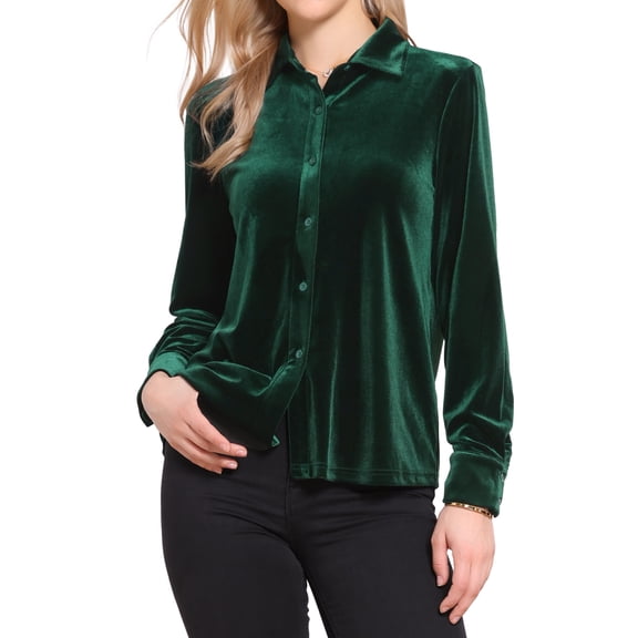 DARING DIVA Women's Vintage Velvet Long Sleeve Button Down Shirt Blouse XS Green