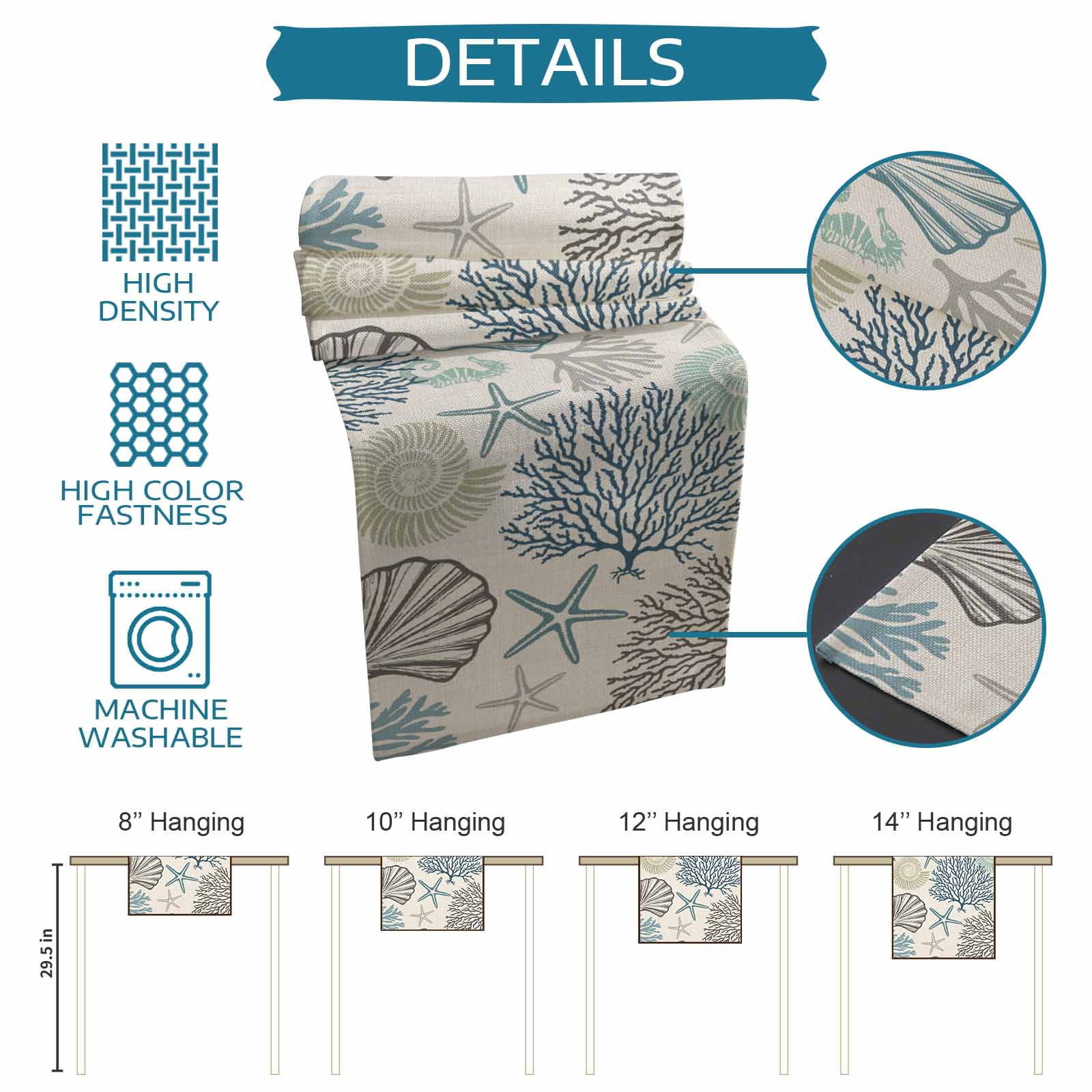 Ocean Coastal Table Runner 120 Inches, Retro Coral Starfish Shell Seahorse Bed Runner Dresser Scarves Tabletop for Indoor Outdoor Parties/Ceremony/Banquet, 13"x 120"