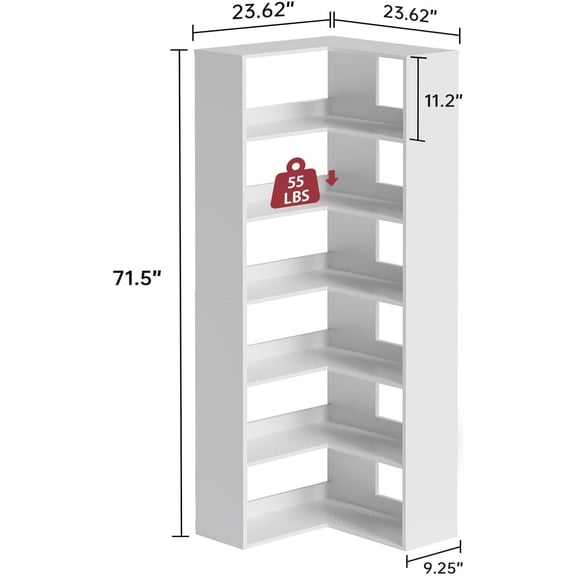 Corner Bookshelf with Storage, Freestanding L Shaped Display Shelf, 6 Tiers Wooden Bookcase Organizer for Home Office Living Room Bedroom (23.6")