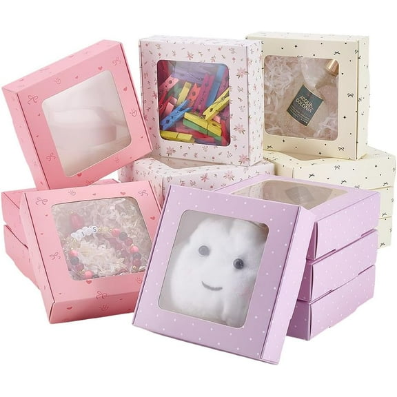 PH 4 Styles Gift Boxes 16pcs Kraft Paper Boxes Square Sweet Box with Clear Window Small Party Favor Box for Candy Cookie Chocolate Bakery Wedding Jewelry Gifts Wrapping 4.7x4.7x1.1 Inch colorful