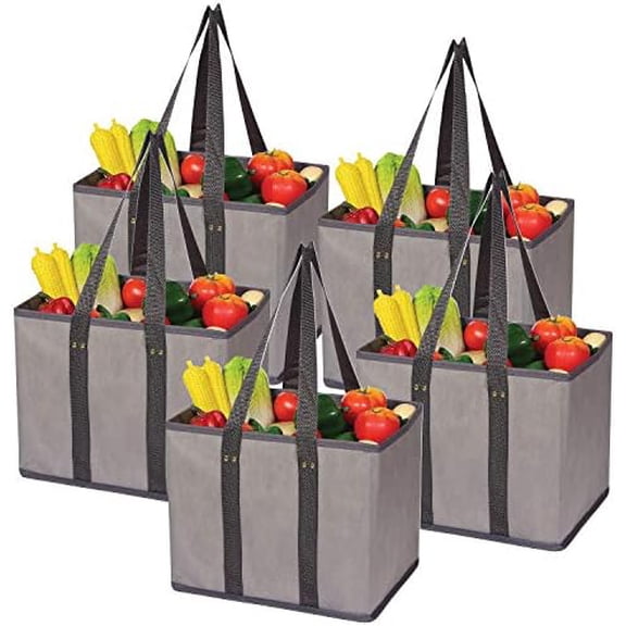5 PACK lARGE rEUSABLE gROCERY bAGS fOLDABLE dURABLE hEAVY dUTY tOTE bAG sET eCO fRIENDLY cOLLAPSIBLE sHOPPING cART bOXES sTORAGE bINS cUBES WITH lONG hANDLES rEINFORCED bOTTOM