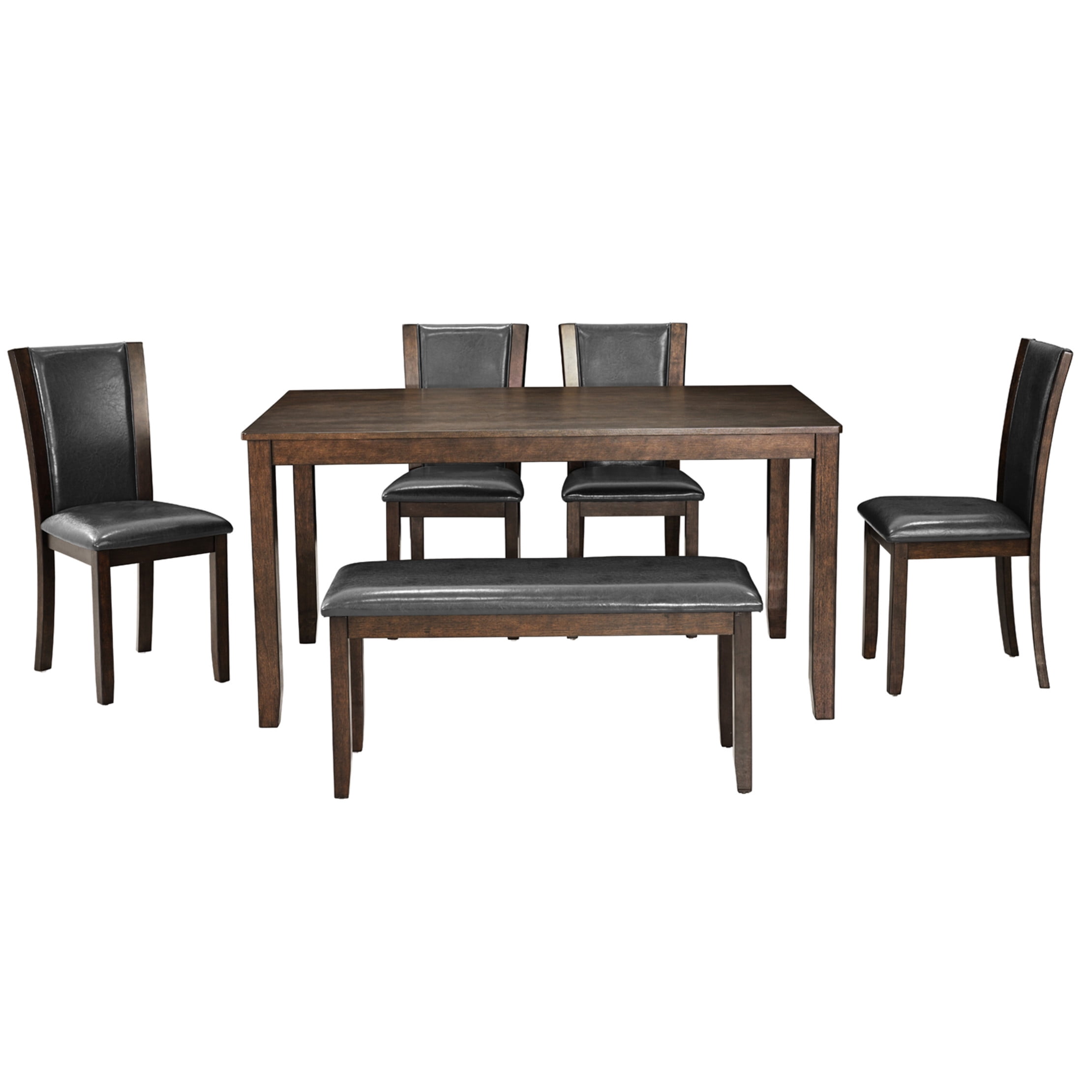 Noble House Farmhouse Dining Table Set for 6 with Bench and Leather Upholstered Chairs, Wood Frame, Dark Walnut