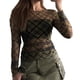 thumbnail image 1 of Top de mujer de manga larga curvada con cuello redondo, blusa ajustada con cintura elástica, jersey de malla a cuadros, 1 of 5