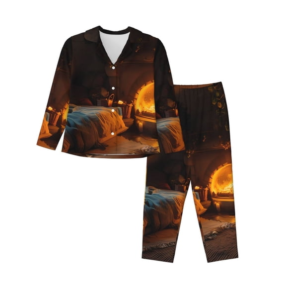 Vsdgher Cozy Tree Hole Cabin Pajamas Set Long Sleeve Sleepwear Womens Button Down Nightwear Pj Sets-Small