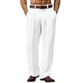 thumbnail image 2 of Men's Linen Pants Pleated High Waist Loose Fit Straight Leg Casual Business Dress Trousers with Pockets White XL, 2 of 5