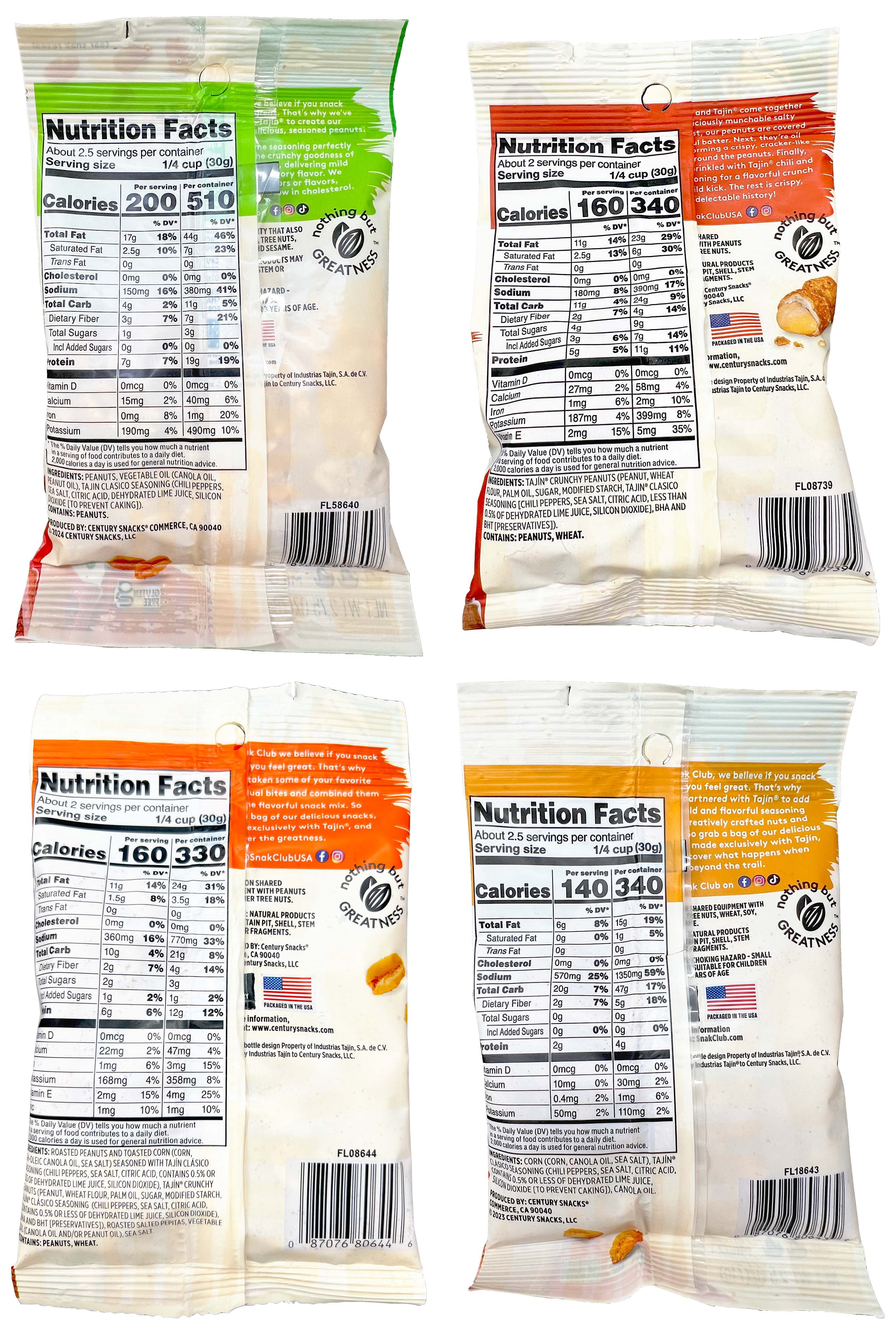 Snak Club Tajin Seasoned Nuts & Snacks Variety 4-Pack | Peanuts, Crunchy Peanuts, Fiesta Snack Mix & Toasted Corn | MerlinsMart Zine & Shawhan Farms Chamoy Sauce Mix