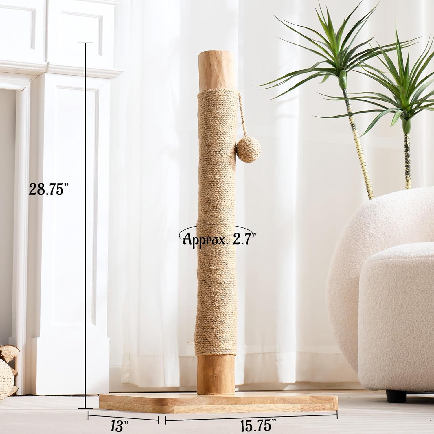 29 Inch Tall  Scratching Post for Indoor Cats Adults, -Stable Natural Solid Wood Sisal Scratcher with Hanging Ball Toy, Beige