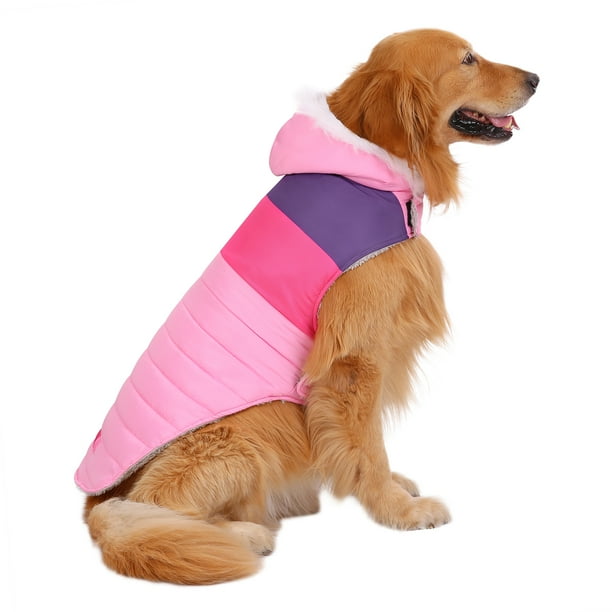 HDE Dog Puffer Jacket Fleece Lined Winter Coat with Harness Hole Pink Stripe XXL