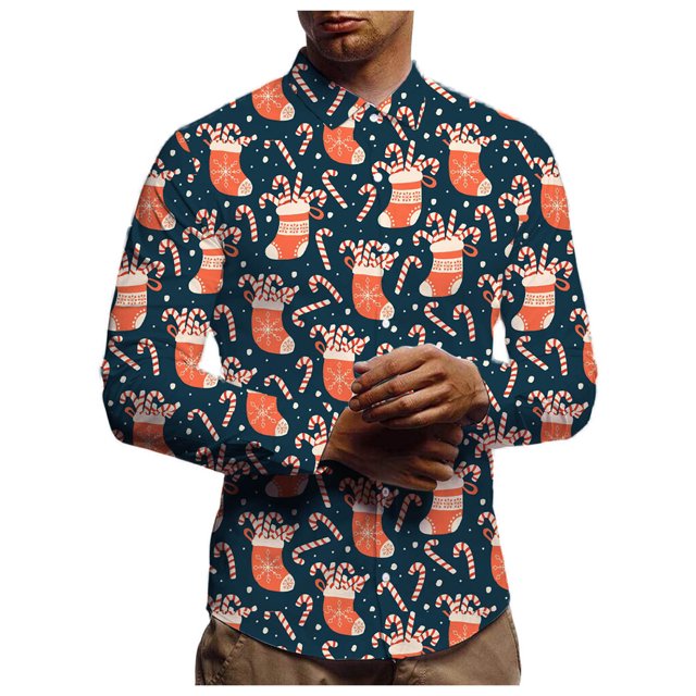 Camisa de manga larga con estampado navideño para hombre, top versátil informal a la moda para hombre Pompotops oipoqjl27119