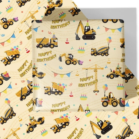 RiukRaiu Construction Wrapping PriNst Paper for Boys - Yellow Mixer Truck Crane Balloon Gift Wrap for Birthday Party - 4 Folded Sheets 28 X 40 Inch, Easy to Store