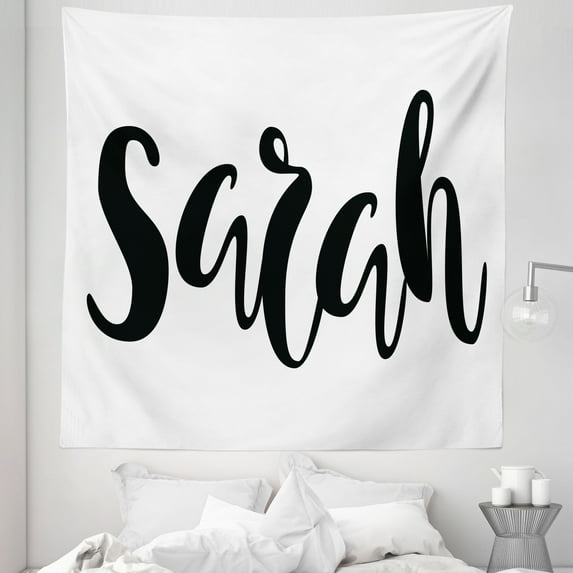Sarah Tapestry, Monochrome Popular Female Name Modern Calligraphy Hand Drawn Signature Lettering, Fabric Wall Hanging Decor for Bedroom Living Room Dorm, 5 Sizes, Black and White, by Ambesonne