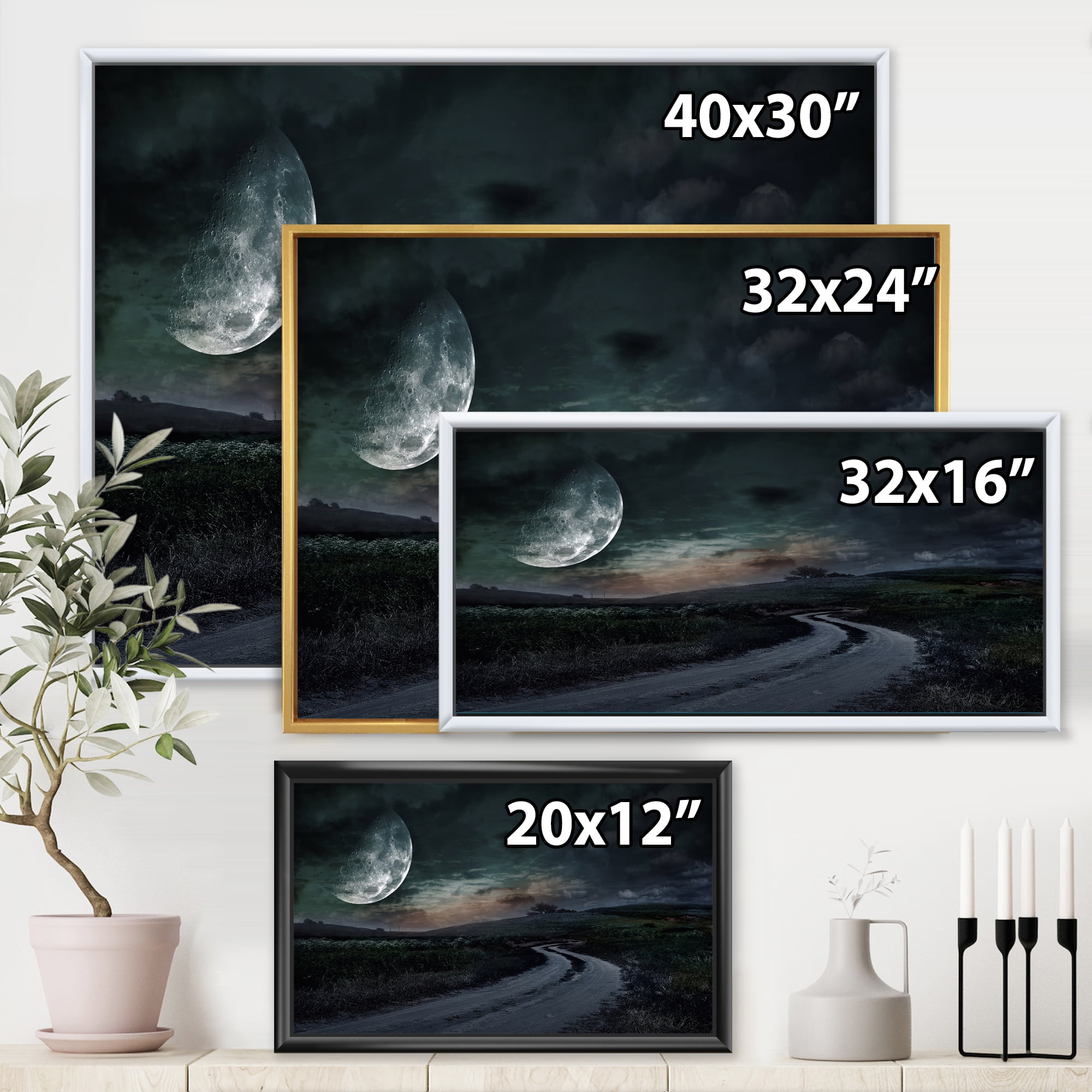 Designart 'The Meadow Under Full Moon With Rural Road Through ' Nautical & Coastal Framed Canvas Wall Art Print