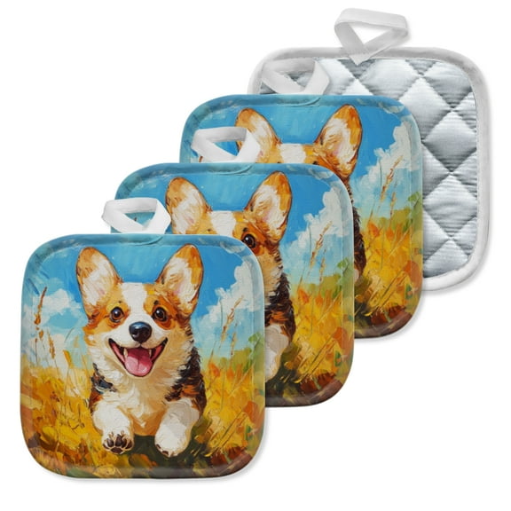 4 Pack Pot Holders,Kitchen Essential, Potholder Set,Happy Corgi In A Golden Field Of Joy