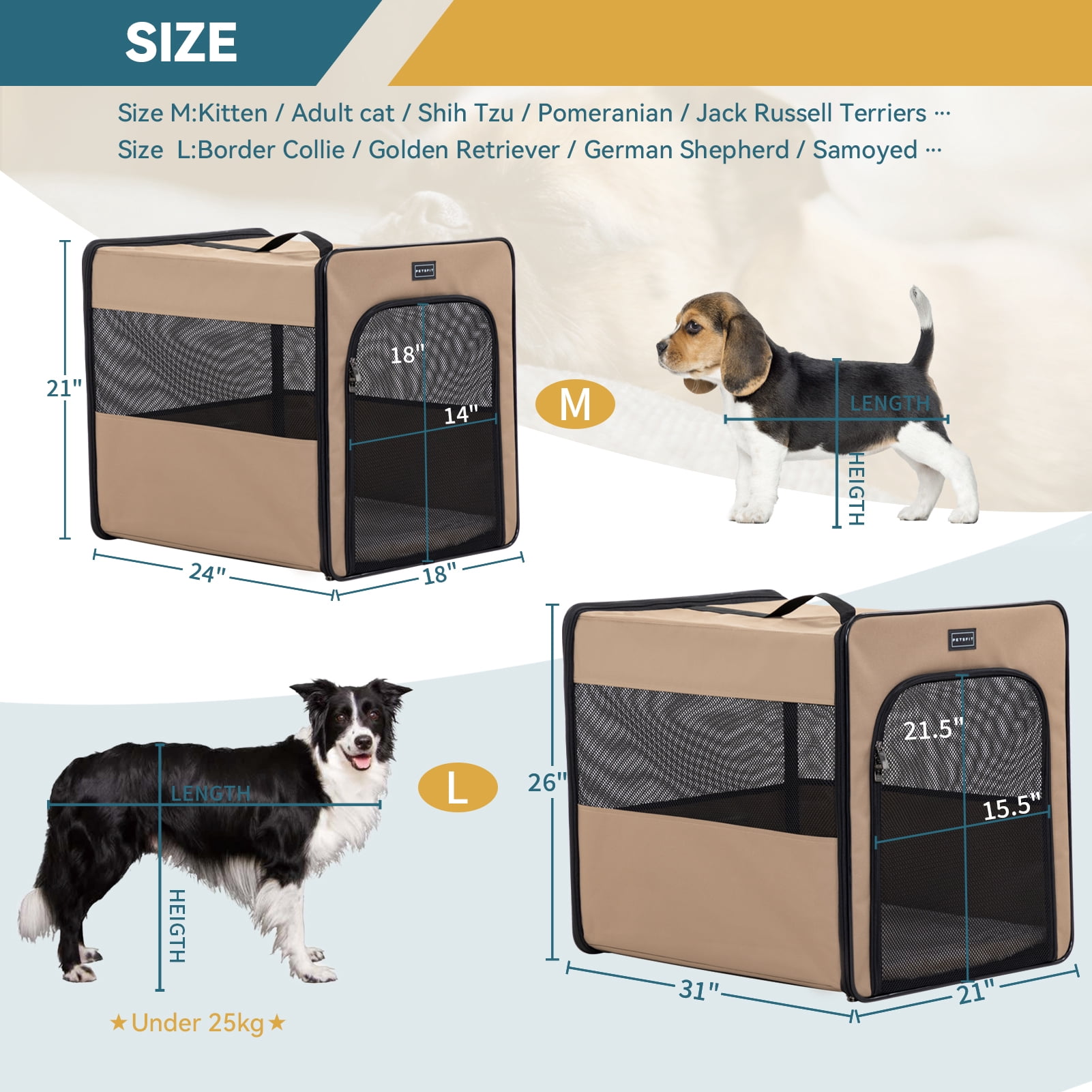 PETSFIT Collapsible Dog Crate, Chewproof Design Breathable & Collapsible Dog Kennel, Indoor and Outdoor Use with Thicken Mat 24 Inch Khaki