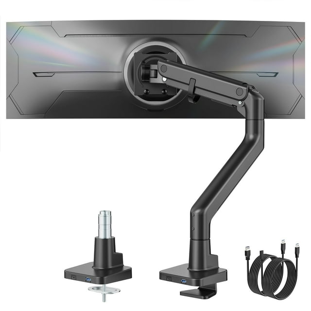 monTEK Bras pour Moniteur Simple avec USB A/C, Support de Moniteur Ultra Grand pour Écran Incurvé de 17 à 57 Pouces, Supporte 59,4 Lb, Bras à Ressort à Gaz Réglable, 75/100 VE