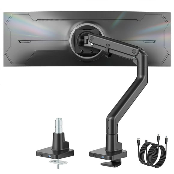 monTEK Single Monitor Arm with USB A/C, Ultrawide Monitor Stand for 17 to 57 Inch Curved Screen, Holds 59.4 lbs, Adjustable Gas Spring Arm, 75/100 VE