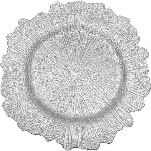 Simply Elegant Large Reef Plastic Charger Plate | Service Plate for Parties, Dinner, Weddings, Quinceaneras and Events | 14 inch Diameter | Silver- Gloss Finish | Set of 24