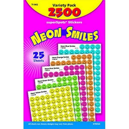 UPC: 0078628922721 | Trend TEPT1942 superSpots Neon Smiles Stickers Variety Pack 2500 / Pack Neon Green Neon Yellow Neon Orange Neon Blue Neon Pink