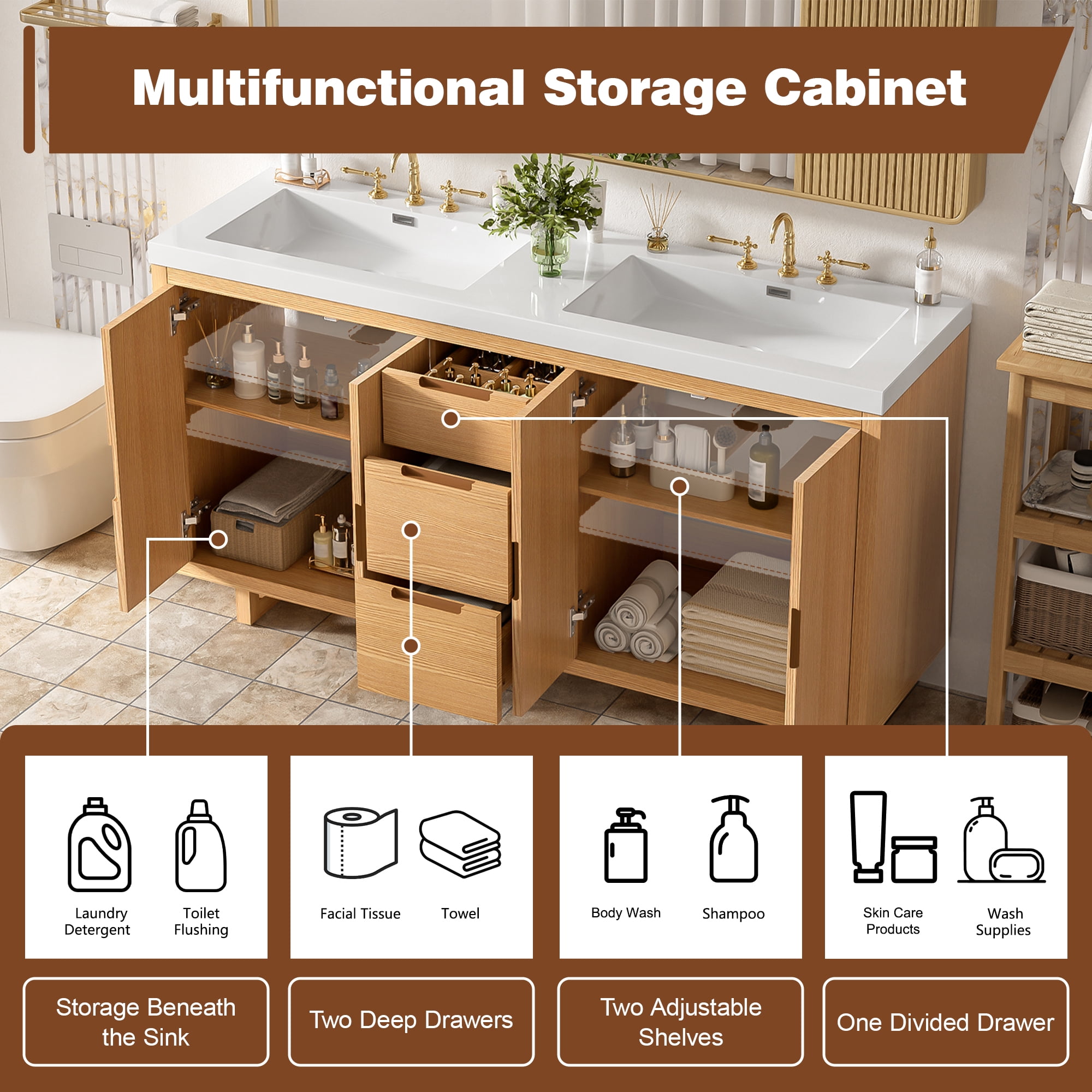 Harper & Bright Designs 59.3'' Bathroom Vanity with Double Sink, Free Standing Single Basin Vanity Set with 4 Doors & 3 Drawers, Handle-Free Design, Soft-Close Hinges, Hidden Drawer Slides, Wood