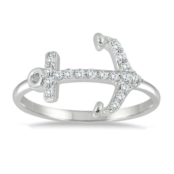 SZUL Women's 1/5 Carat TW Diamond Anchor Ring in 10K White Gold (J-K-L Color, I2-I3 Clarity)