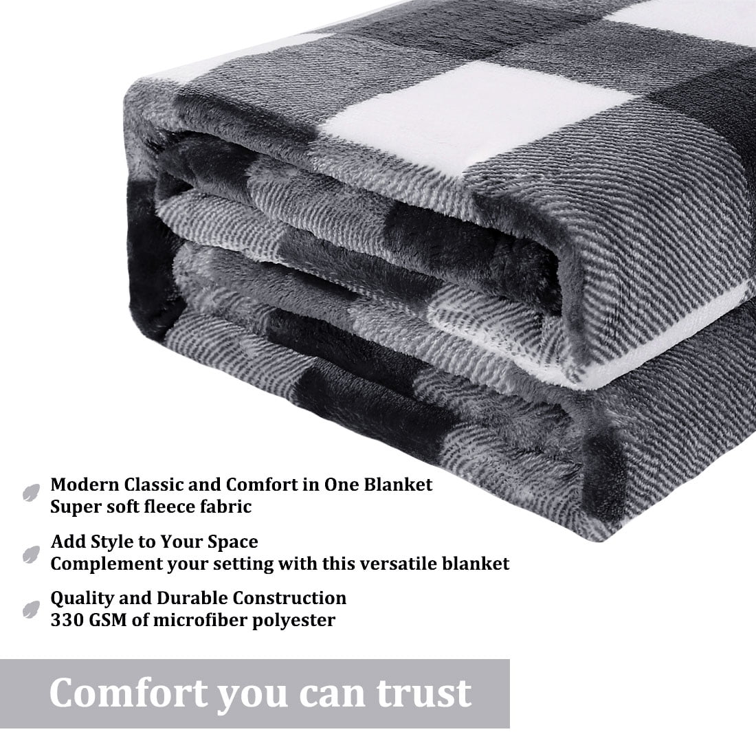 Plaid Soft Plush Fleece Blanket for Sofa Couch Bed, 30" x 40", Black and White