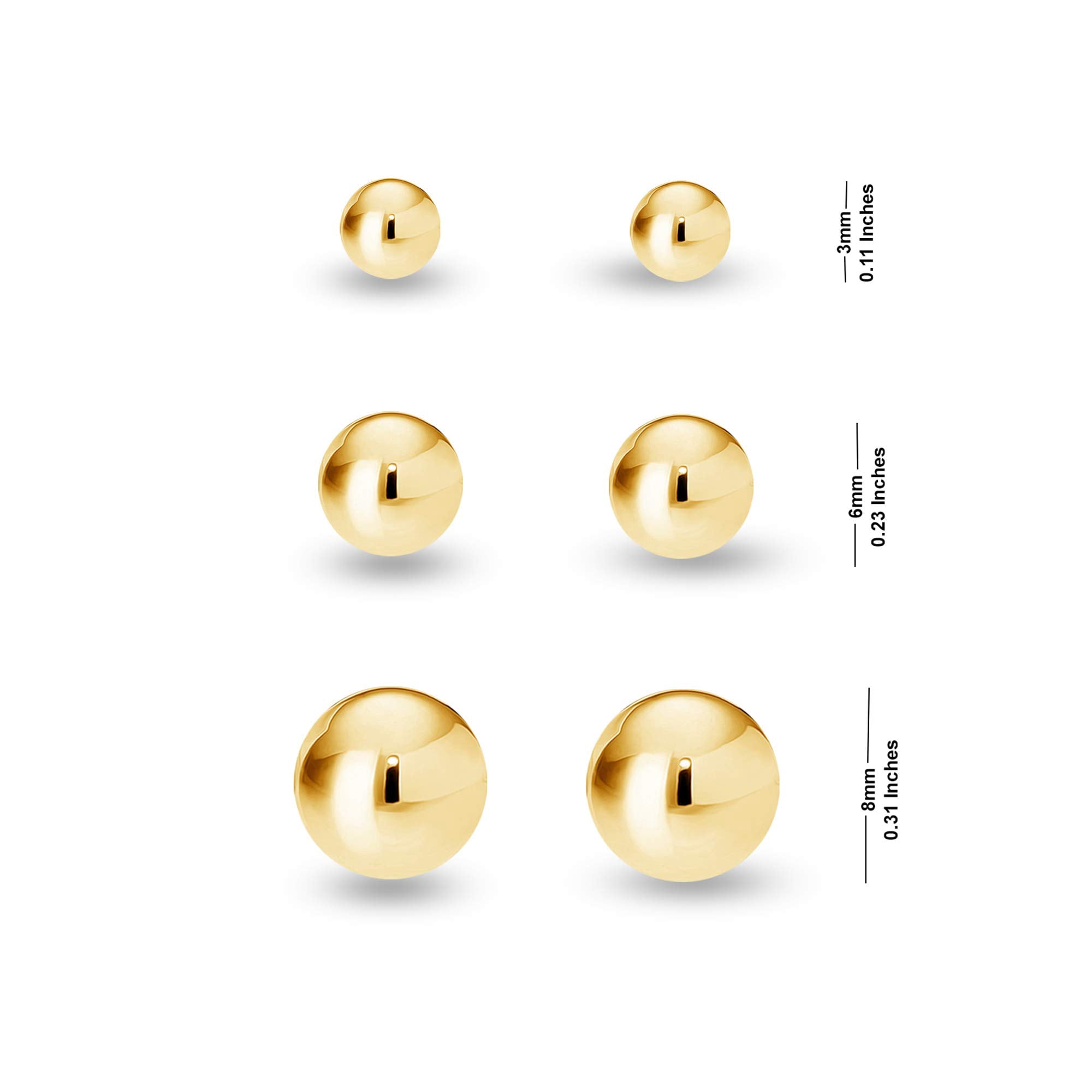 LeCalla 925 Sterling Silver Light-Weight 14K Micron Gold-Plated Classic Ball Post Stud Earrings for Women and Teen Set of 3 Pairs (3MM, 6MM, 8MM)