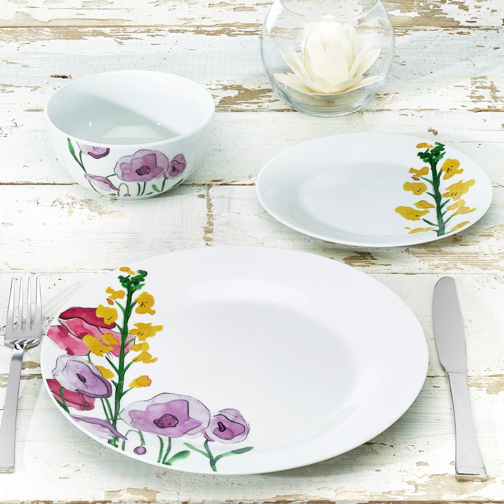 12 Piece Porcelain Floral Dinner Set, Wild Flowers, Watercolor