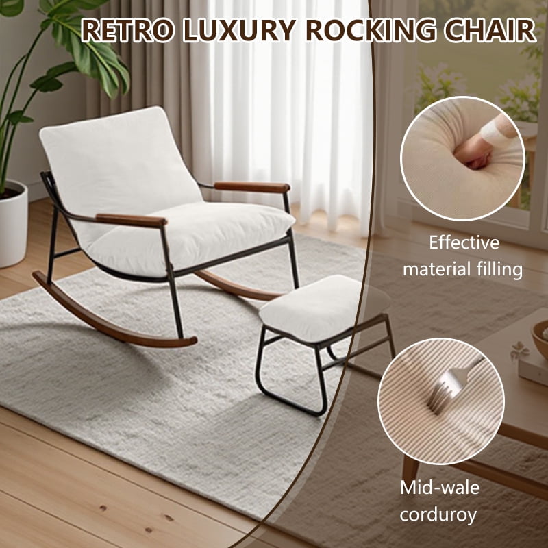 Rocking Chair with Footrest,Recliner Chair with Soft Cusion and Backrest,Solid Wood Glider Rocking Chair with Arm,Lounge Chair for Living Room, Bedroom,Office,White