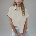 thumbnail image 2 of yardsong Teen Girls Cotton Linen Shirts Lapel Short Sleeve Button Down Blouses Kids Summer Casual Lightweight Solid Beach Tops Yellow,7 Years, 2 of 8