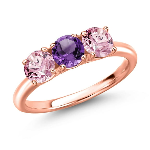 Gem Stone King 18K Rose Gold Plated Silver Purple Amethyst and Pink Lab Grown Diamond Engagement Ring for Women | 1.48 Cttw | Round 5MM | Gemstone February Birthstone | Size 5