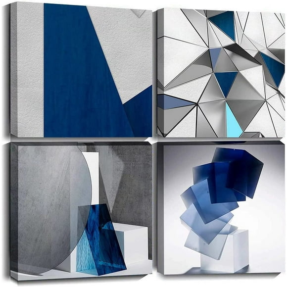 Blue Abstract Wall Art Blue and White for Living Room Decor 12x12 Modern Gray Abstract 3D Geometric Canvas Print Picture Framed Artwork Bathroom Bedroom Home Decor 4 Pieces