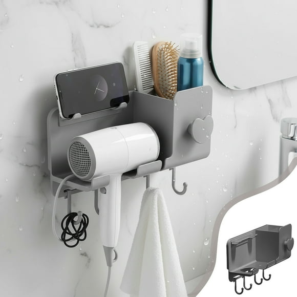 Soporte de pared para secador de pelo de baño, multifuncional, grueso, sin taladro, ahorra espacio, con gancho y soporte para teléfono.